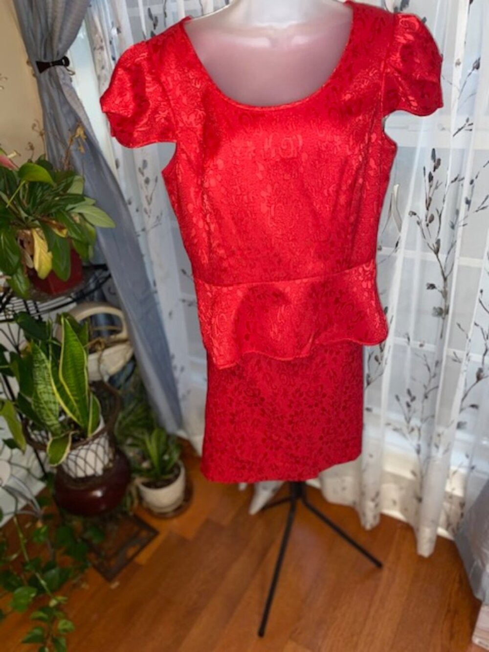 Nipon Boutique Red Jacquard Peplum 2-Piece Skirt Set - Size 12